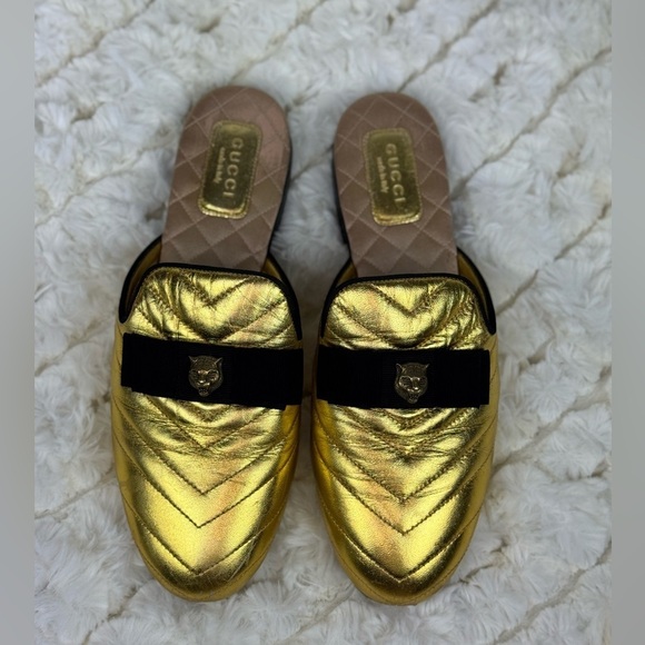 Gucci Shoes - Gucci Gold and Black Quilted Mules Size 37